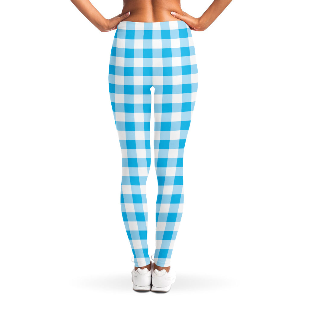 Cyan Blue And White Gingham Print Women's Leggings