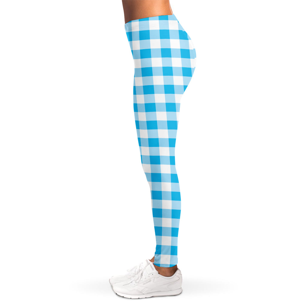 Cyan Blue And White Gingham Print Women's Leggings