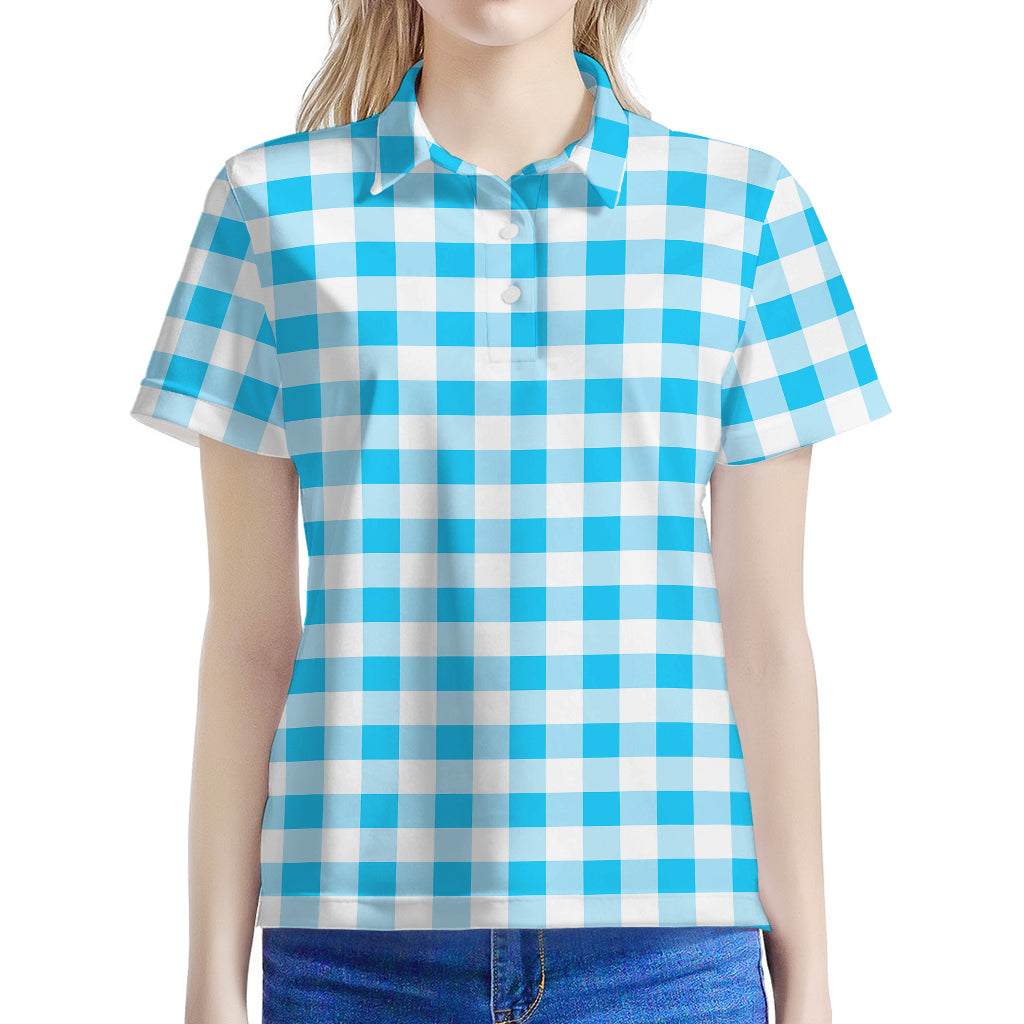 Cyan Blue And White Gingham Print Women's Polo Shirt