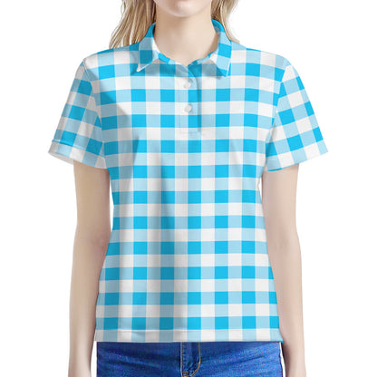 Cyan Blue And White Gingham Print Women's Polo Shirt