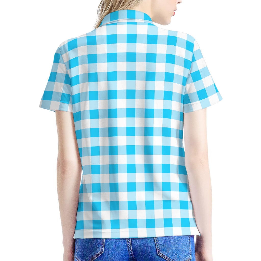 Cyan Blue And White Gingham Print Women's Polo Shirt