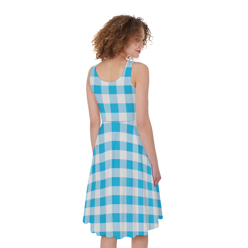 Cyan Blue And White Gingham Print Women's Sleeveless Dress