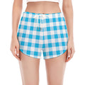 Cyan Blue And White Gingham Print Women's Split Running Shorts