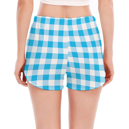 Cyan Blue And White Gingham Print Women's Split Running Shorts