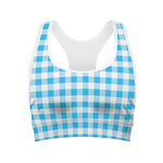 Cyan Blue And White Gingham Print Women's Sports Bra