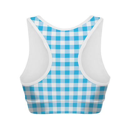 Cyan Blue And White Gingham Print Women's Sports Bra