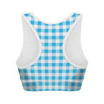 Cyan Blue And White Gingham Print Women's Sports Bra