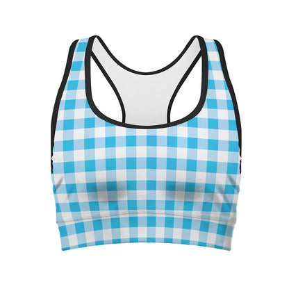 Cyan Blue And White Gingham Print Women's Sports Bra