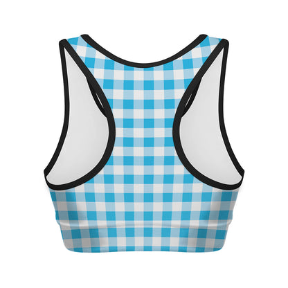 Cyan Blue And White Gingham Print Women's Sports Bra