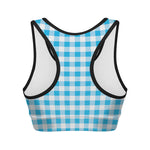 Cyan Blue And White Gingham Print Women's Sports Bra