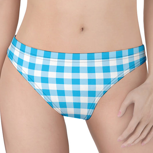 Cyan Blue And White Gingham Print Women's Thong