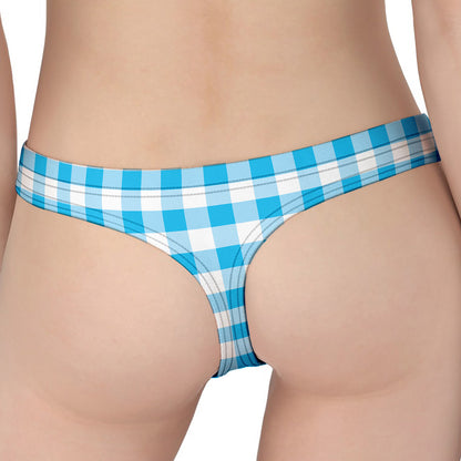 Cyan Blue And White Gingham Print Women's Thong