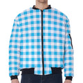 Cyan Blue And White Gingham Print Zip Sleeve Bomber Jacket