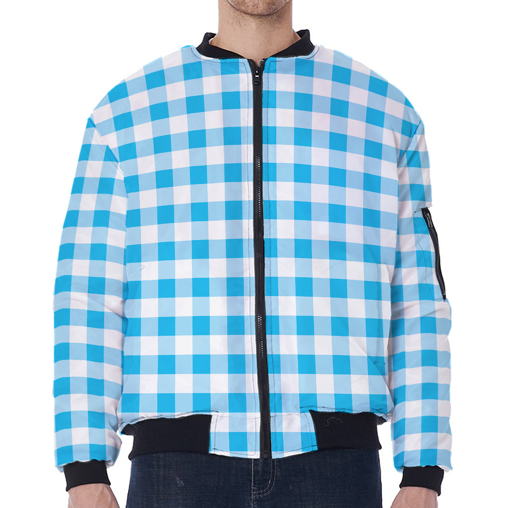 Cyan Blue And White Gingham Print Zip Sleeve Bomber Jacket