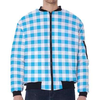 Cyan Blue And White Gingham Print Zip Sleeve Bomber Jacket
