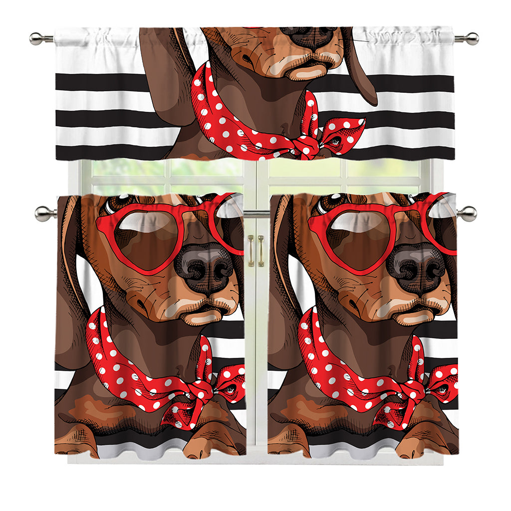 Dachshund With Red Sunglasses Print 3 Piece Kitchen Curtains