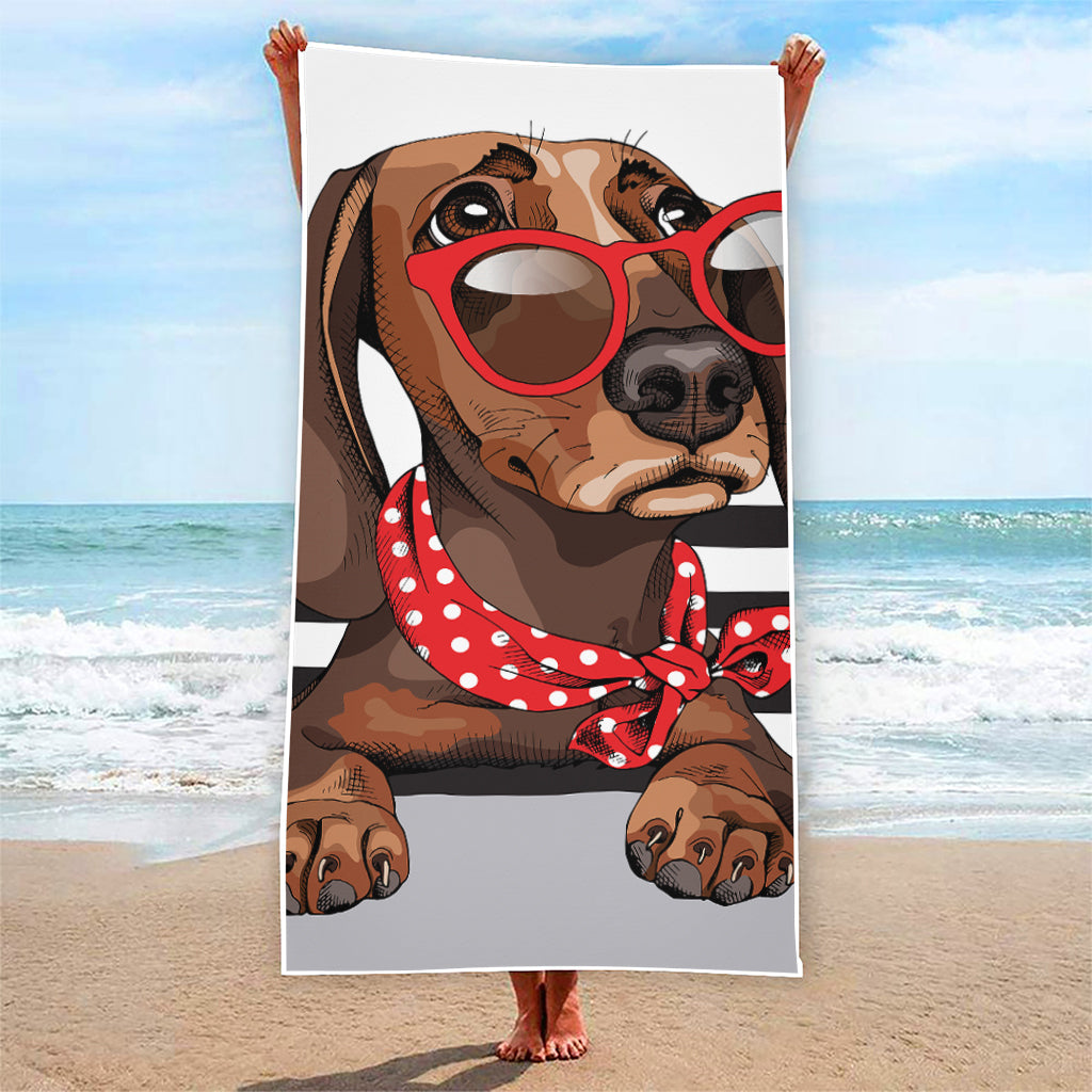 Dachshund With Red Sunglasses Print Beach Towel