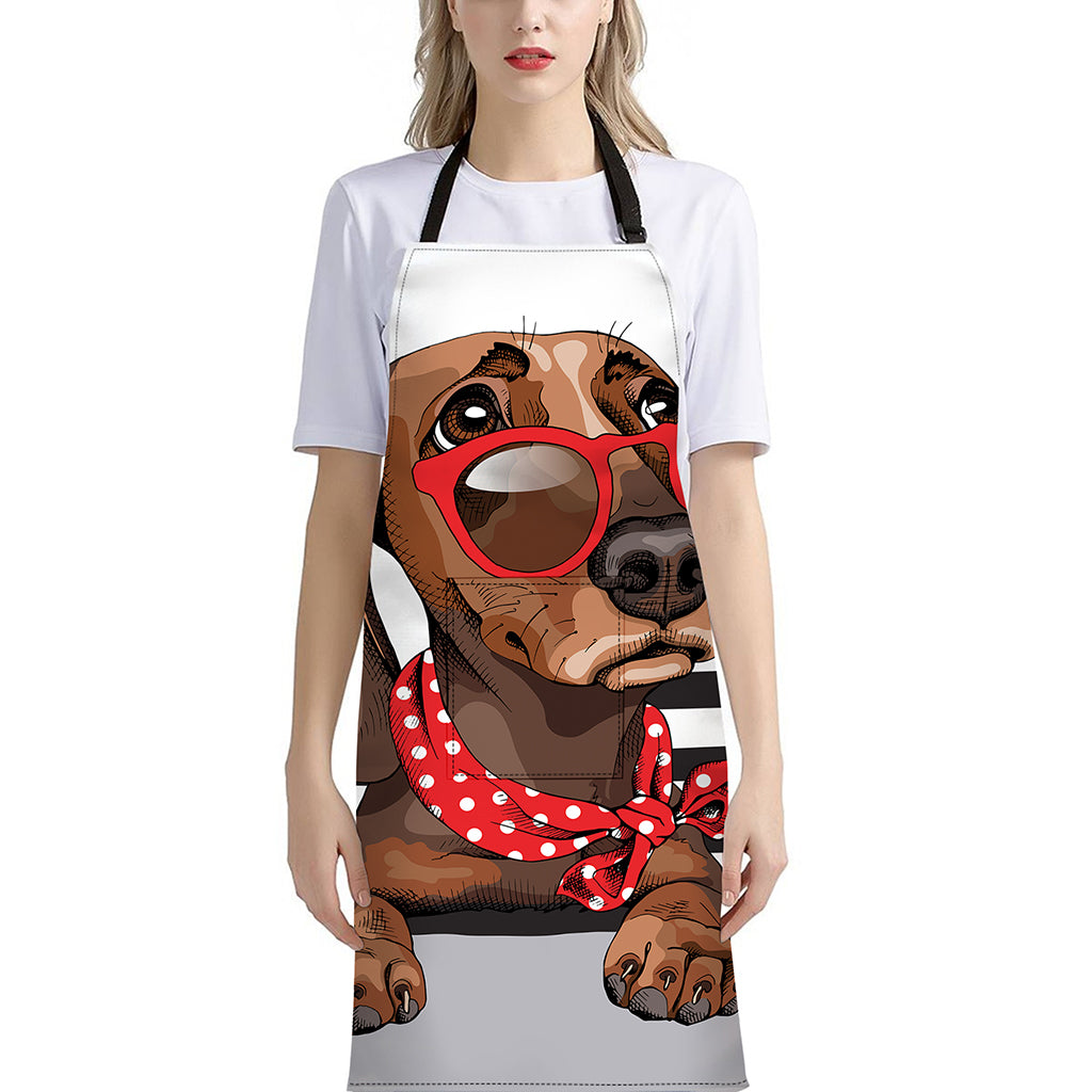 Dachshund With Red Sunglasses Print Bib Apron With Pocket