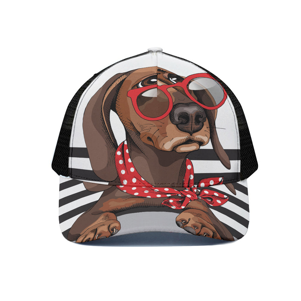 Dachshund With Red Sunglasses Print Black Mesh Trucker Cap