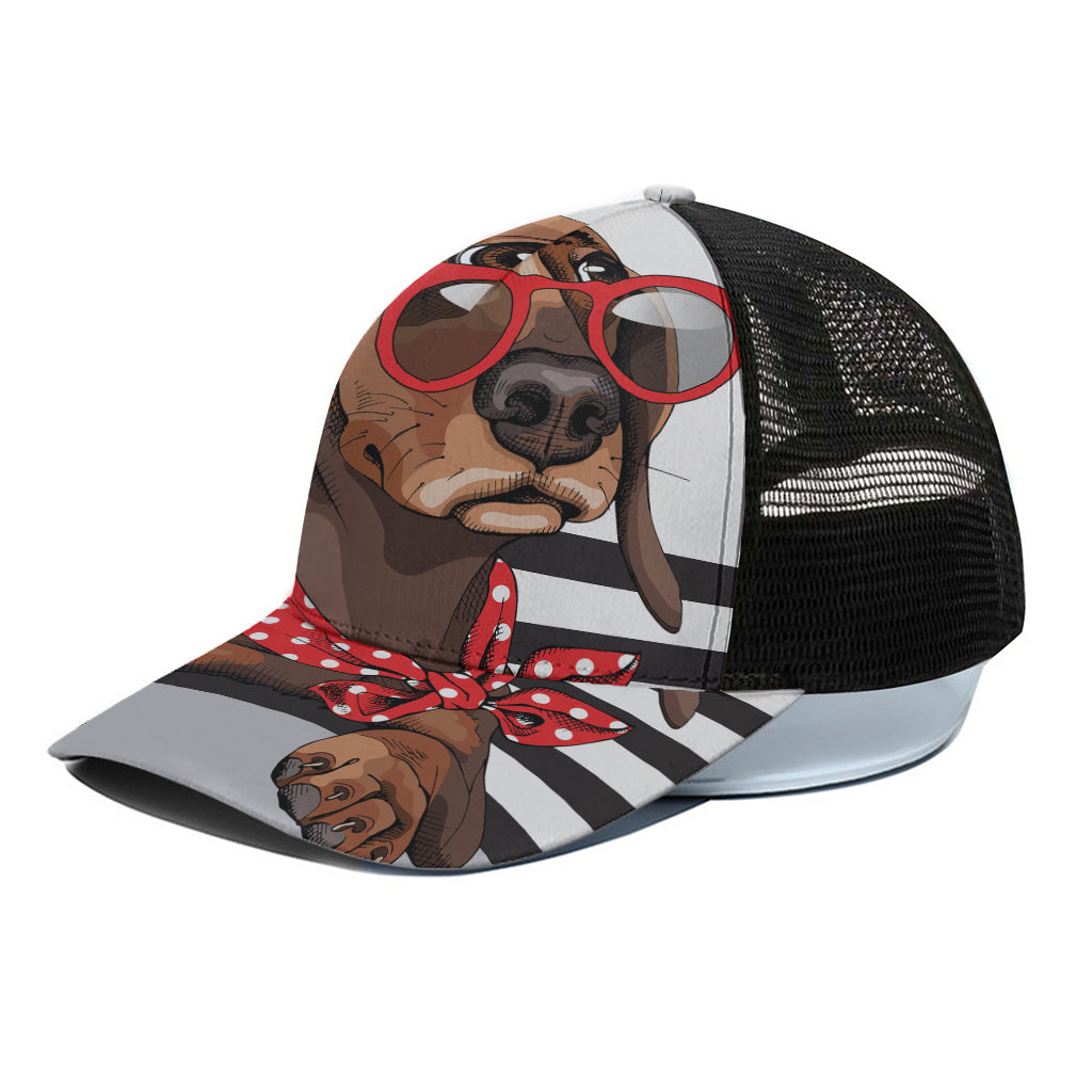 Dachshund With Red Sunglasses Print Black Mesh Trucker Cap