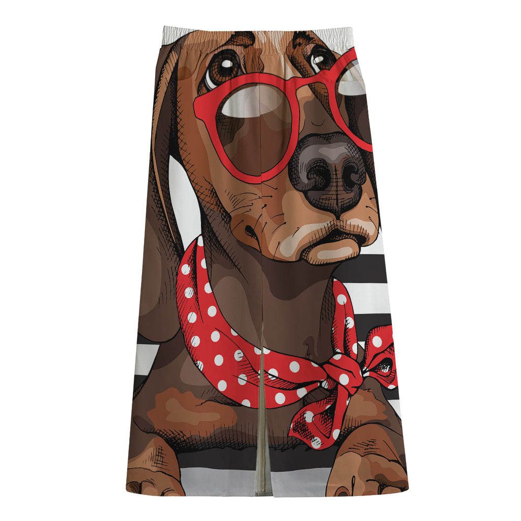 Dachshund With Red Sunglasses Print Cotton Front Slit Maxi Skirt