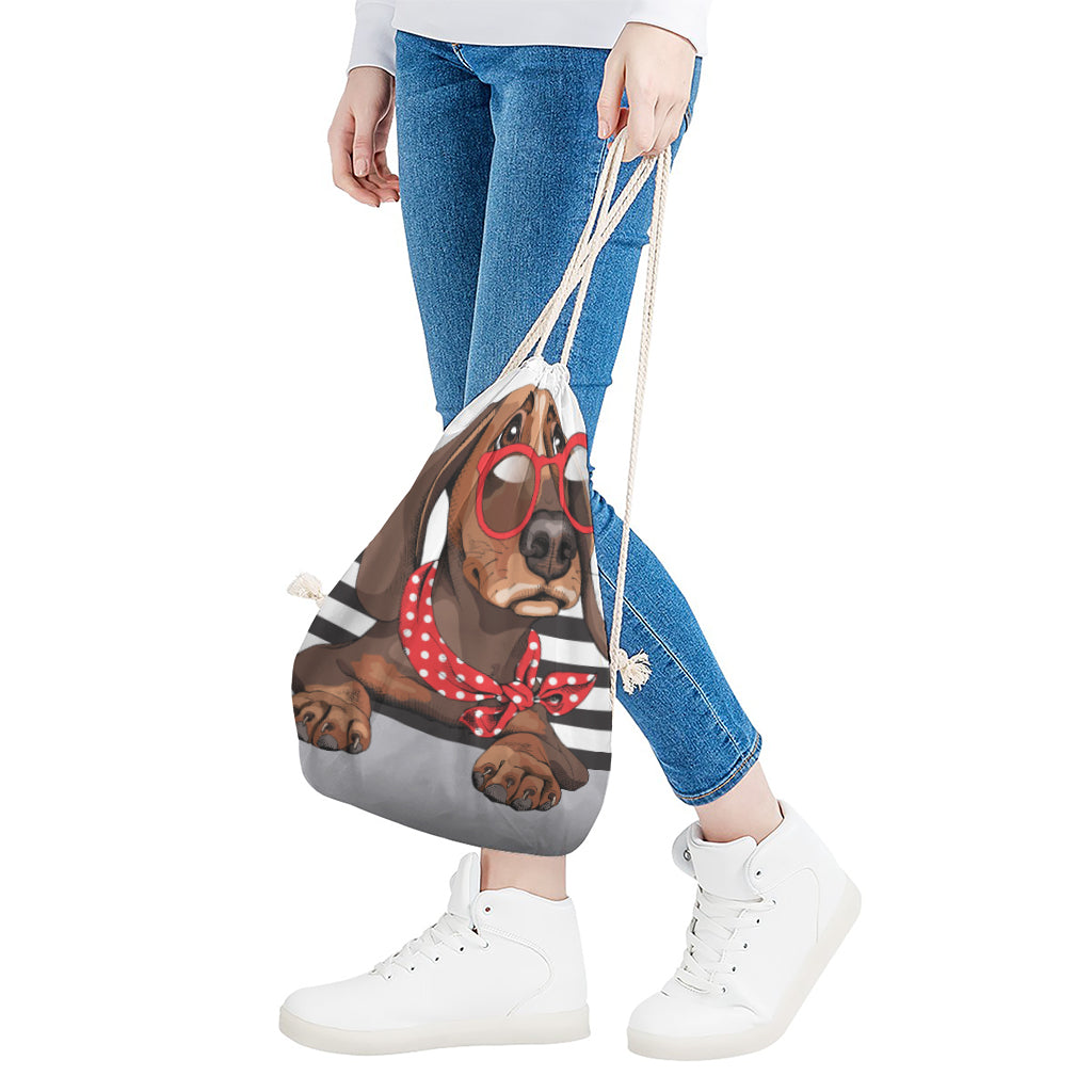 Dachshund With Red Sunglasses Print Drawstring Bag