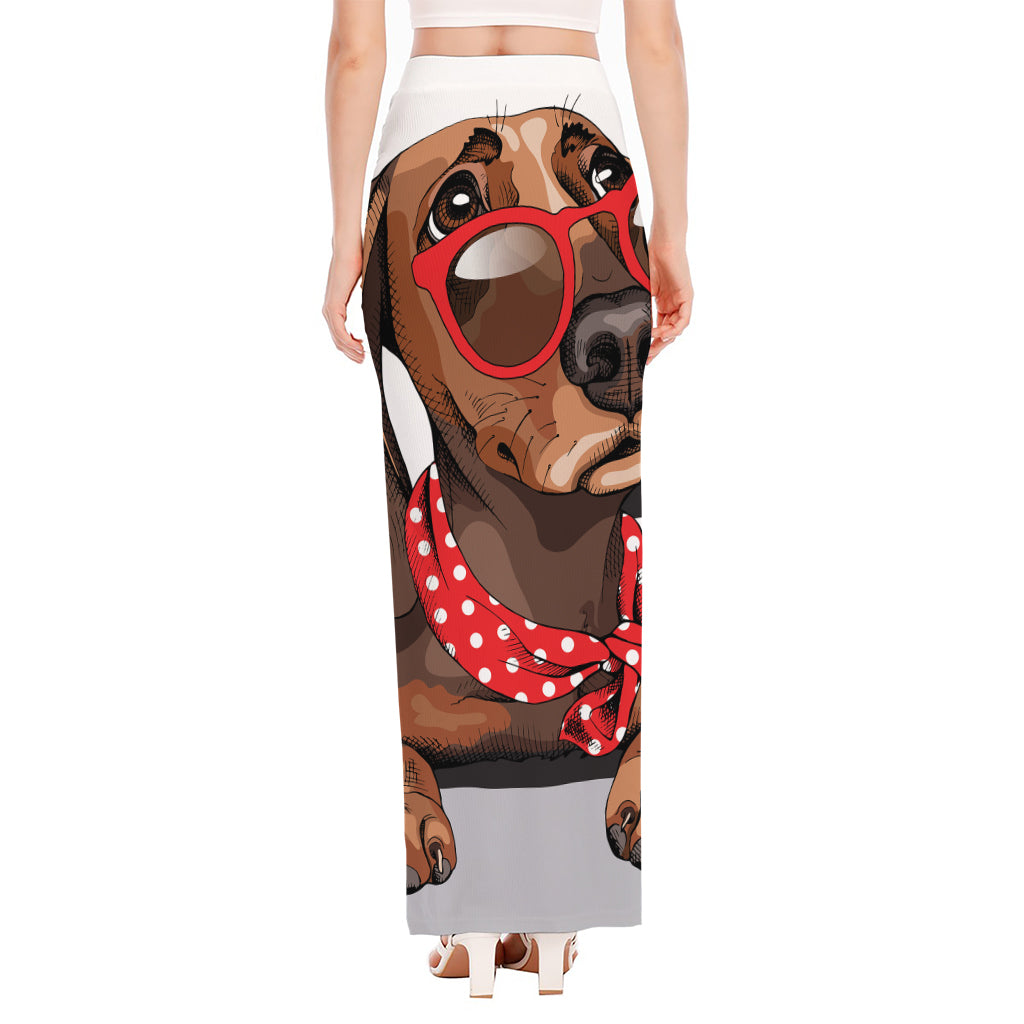 Dachshund With Red Sunglasses Print High Slit Maxi Skirt