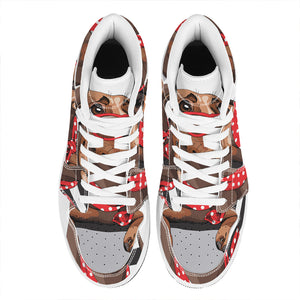 Dachshund With Red Sunglasses Print High Top Leather Sneakers