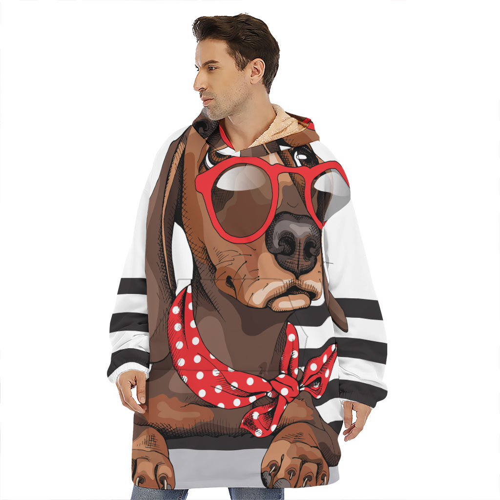 Dachshund With Red Sunglasses Print Hoodie Blanket