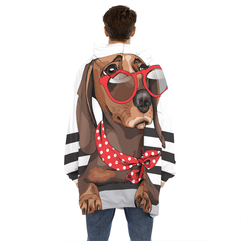 Dachshund With Red Sunglasses Print Hoodie Blanket