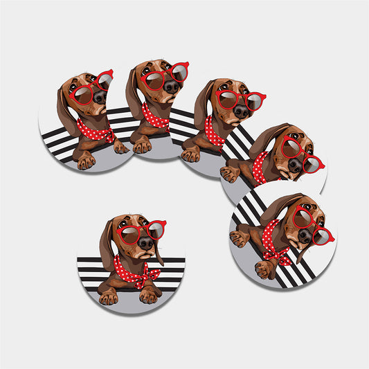 Dachshund With Red Sunglasses Print Leather Coaster Set