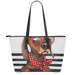 Dachshund With Red Sunglasses Print Leather Tote Bag