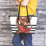 Dachshund With Red Sunglasses Print Leather Tote Bag