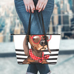 Dachshund With Red Sunglasses Print Leather Tote Bag