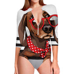 Dachshund With Red Sunglasses Print Long Sleeve Swimsuit