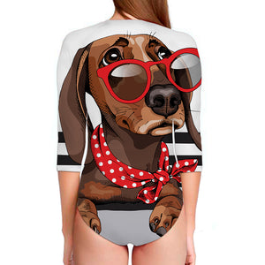 Dachshund With Red Sunglasses Print Long Sleeve Swimsuit