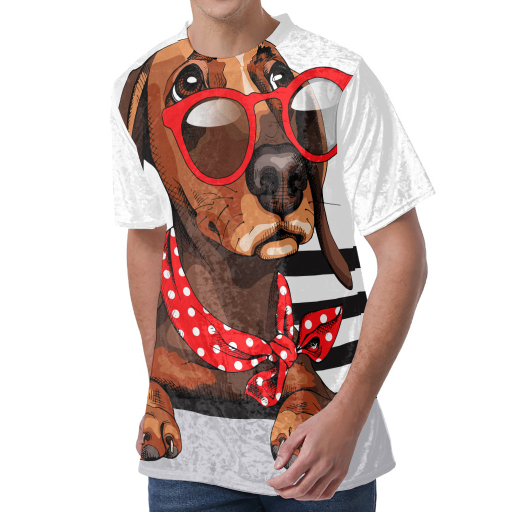 Dachshund With Red Sunglasses Print Men's Velvet T-Shirt