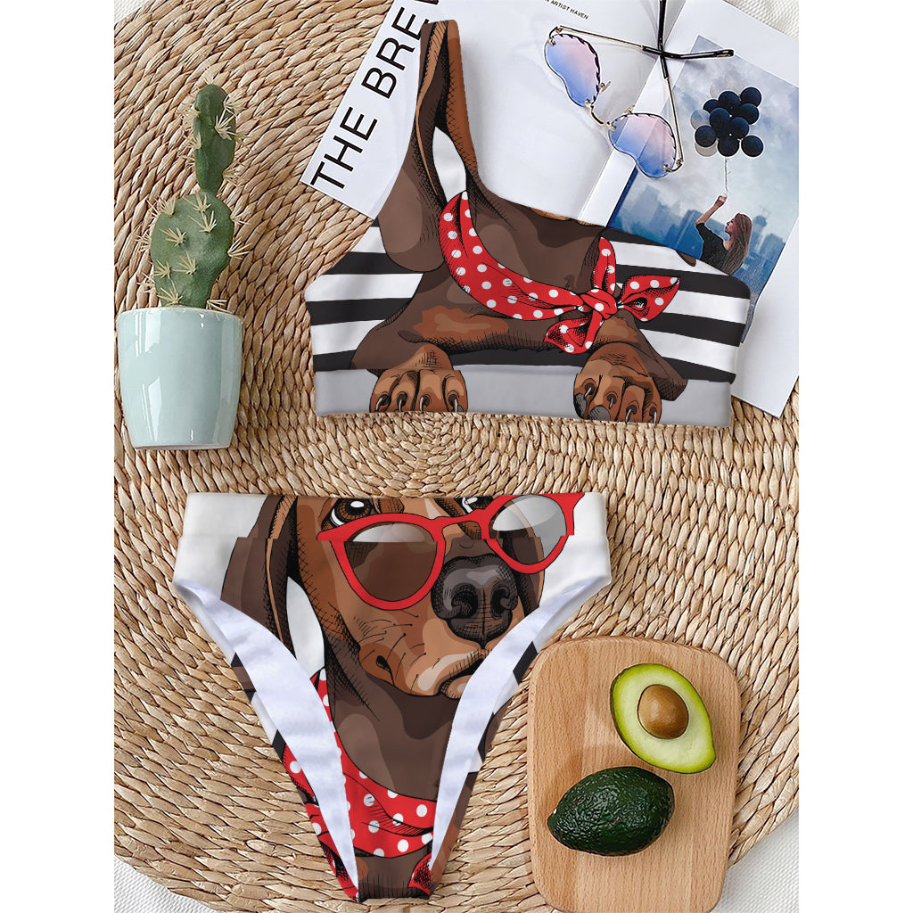 Dachshund With Red Sunglasses Print One Shoulder Bikini Top