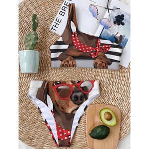 Dachshund With Red Sunglasses Print One Shoulder Bikini Top