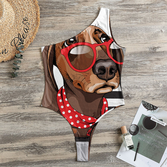 Dachshund With Red Sunglasses Print One Shoulder Bodysuit