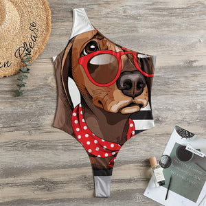 Dachshund With Red Sunglasses Print One Shoulder Bodysuit