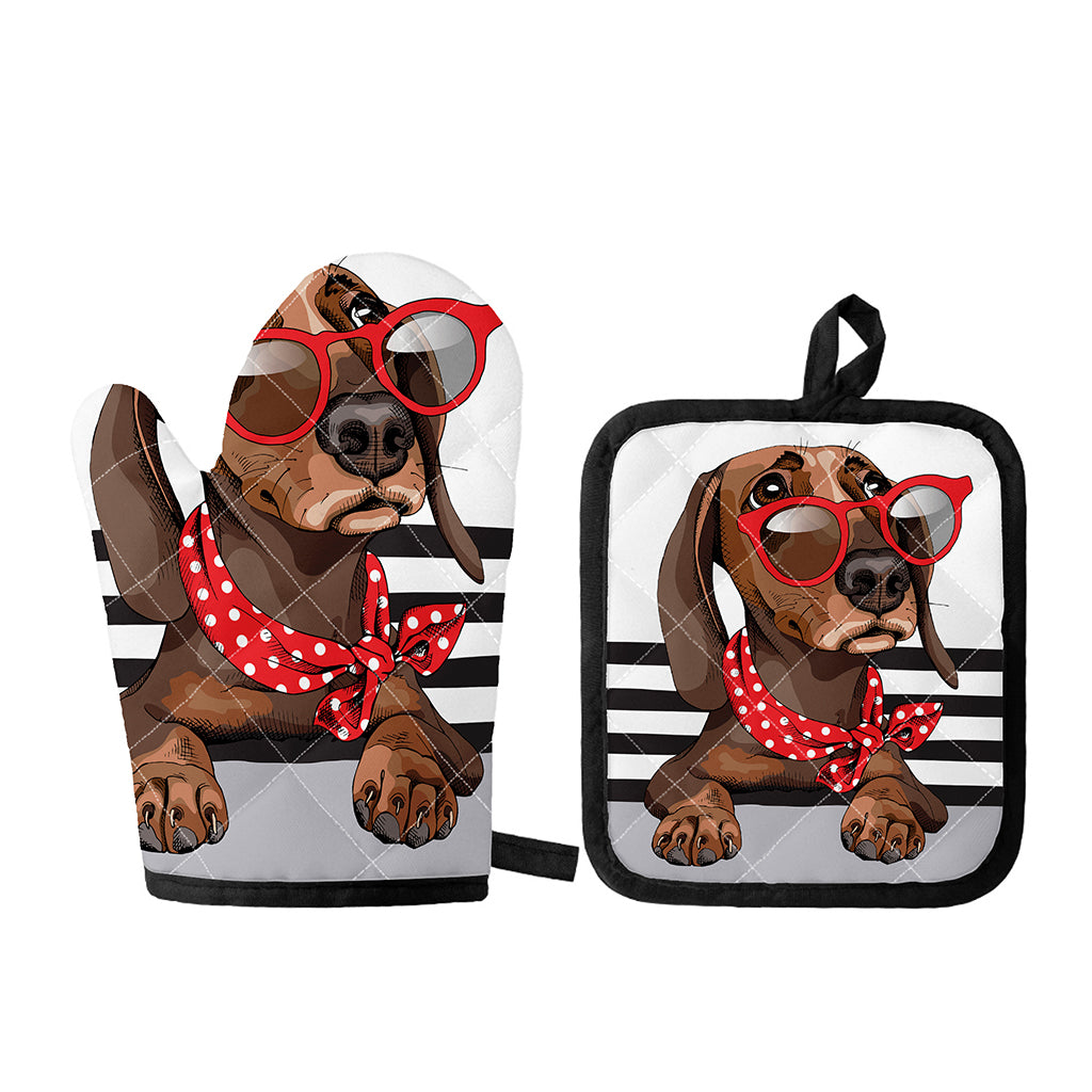 Dachshund With Red Sunglasses Print Oven Mitt And Pot Holder Set