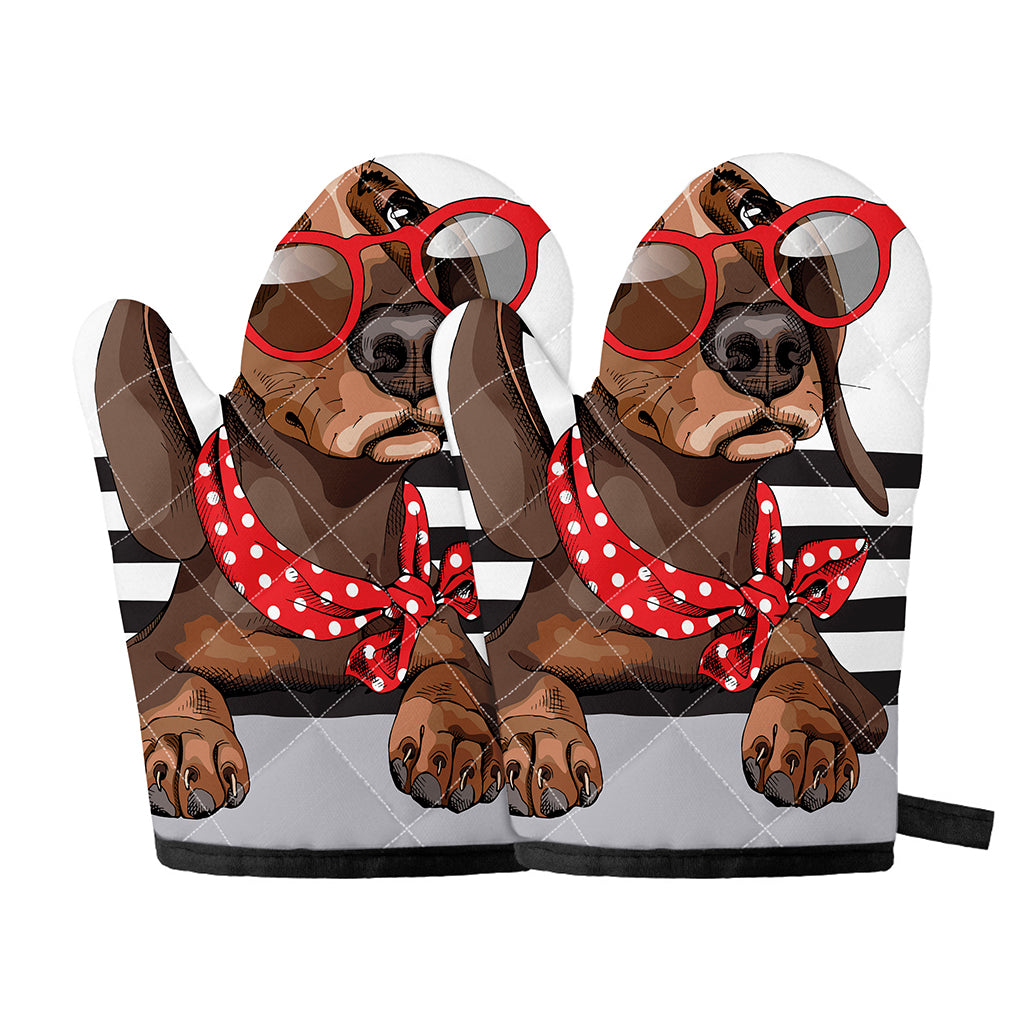Dachshund With Red Sunglasses Print Oven Mitts