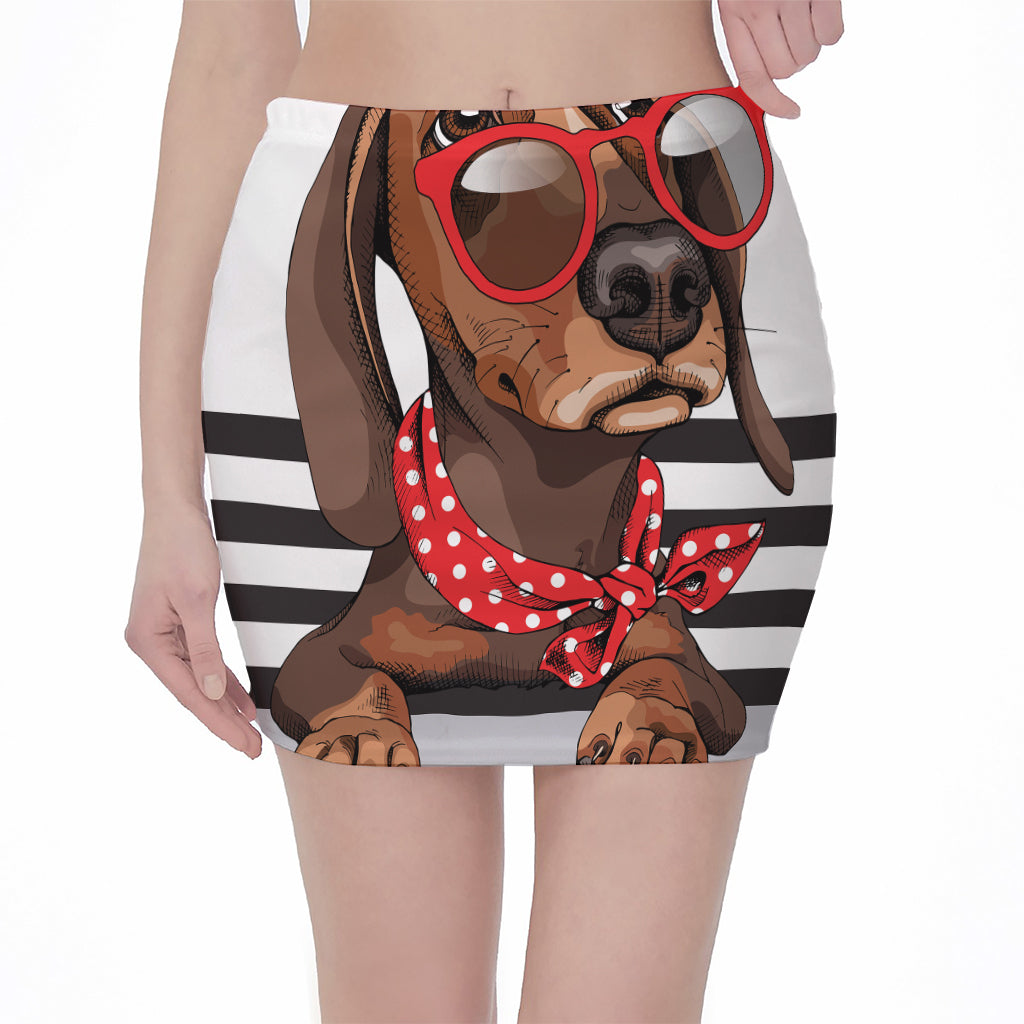 Dachshund With Red Sunglasses Print Pencil Mini Skirt