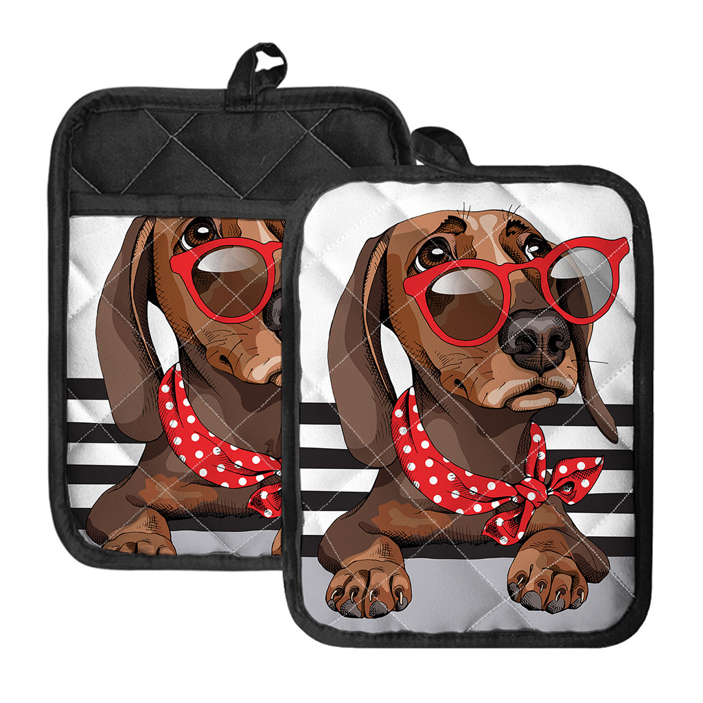 Dachshund With Red Sunglasses Print Pot Holders With Pocket