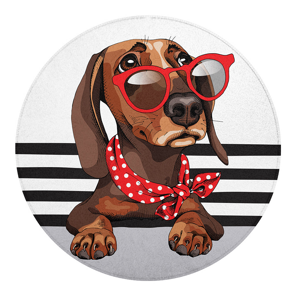 Dachshund With Red Sunglasses Print Round Blanket