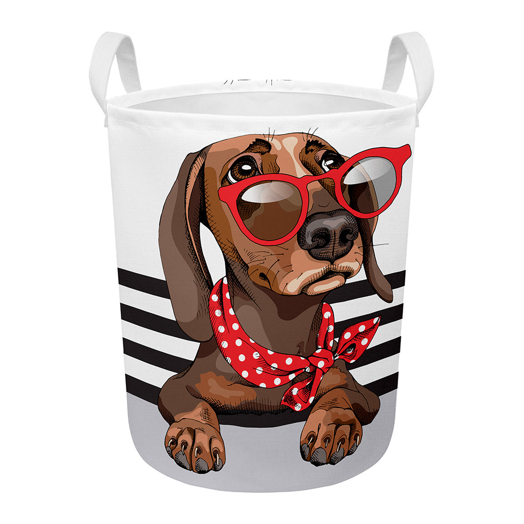 Dachshund With Red Sunglasses Print Round Laundry Basket