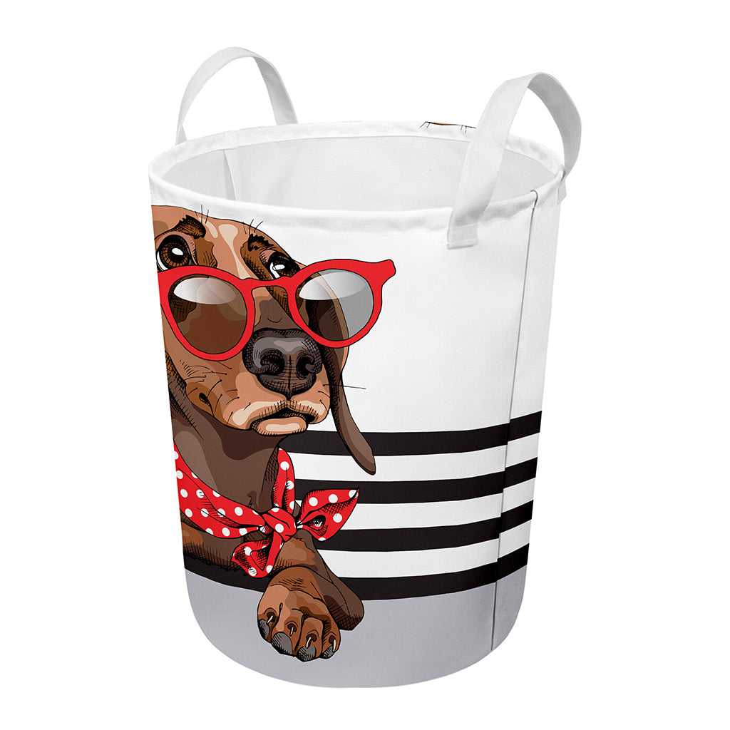 Dachshund With Red Sunglasses Print Round Laundry Basket