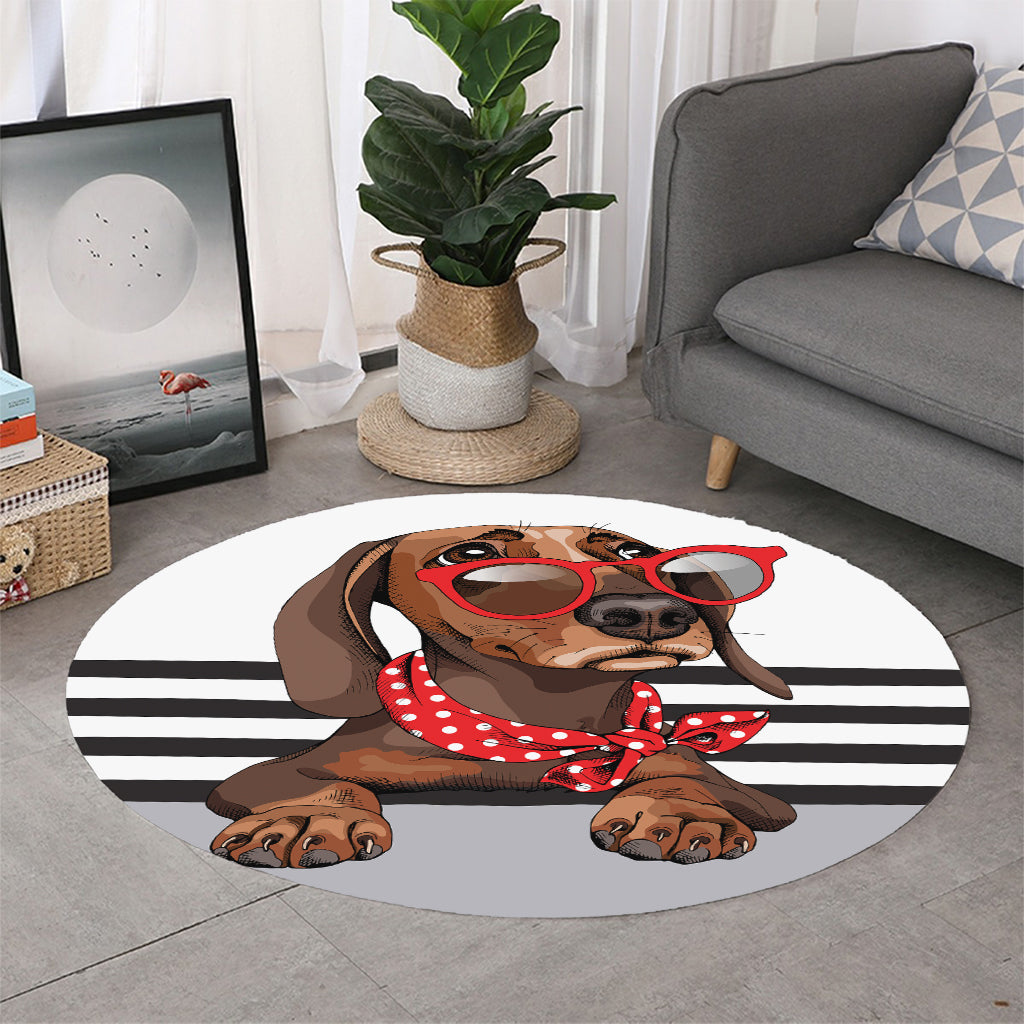 Dachshund With Red Sunglasses Print Round Rug