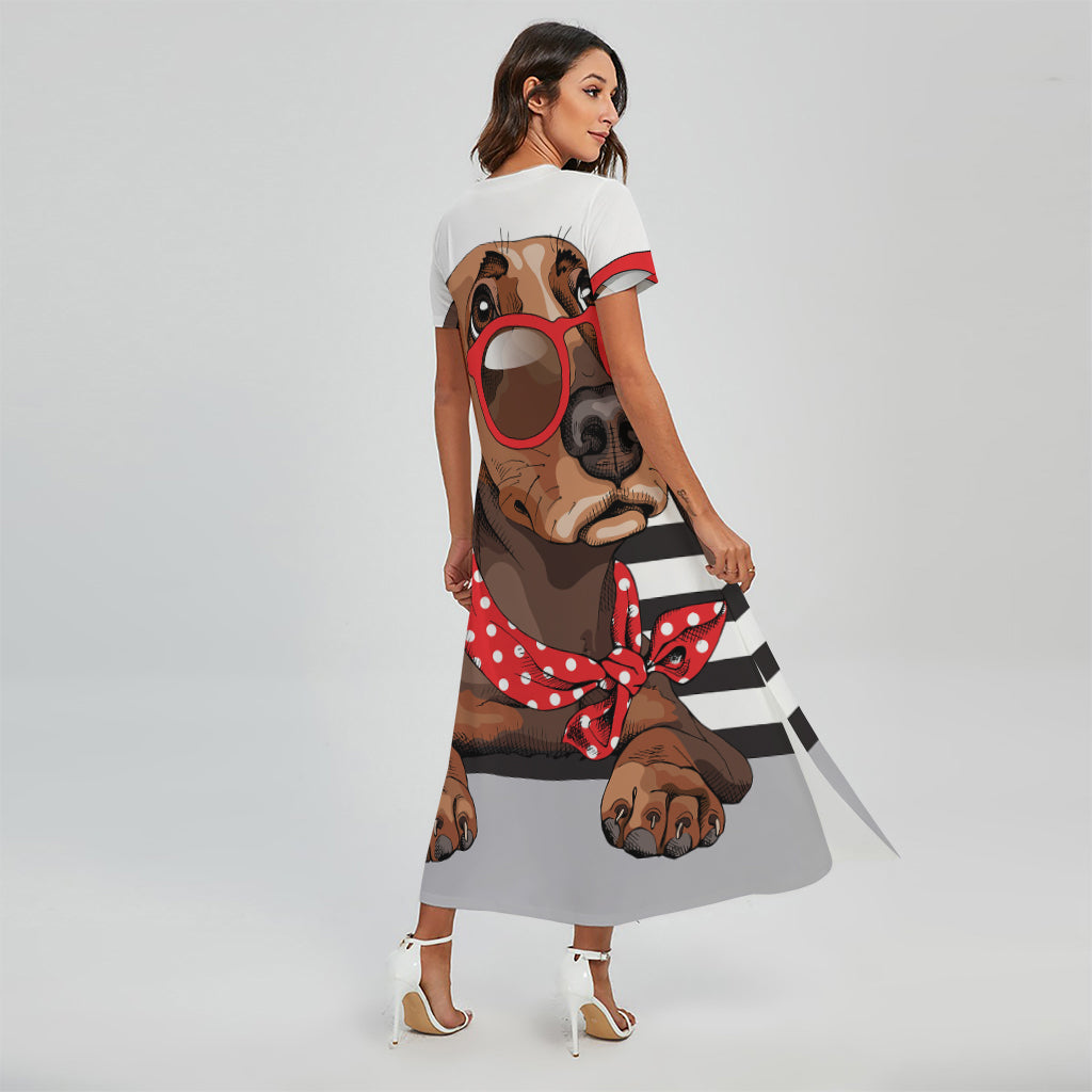 Dachshund With Red Sunglasses Print Short Sleeve Maxi Dress